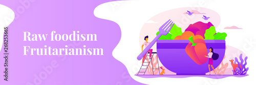Raw veganism, raw foodism, fruitarianism, juicearianism and sproutarianism concept. Vector banner template for social media with text copy space and infographic concept illustration.
