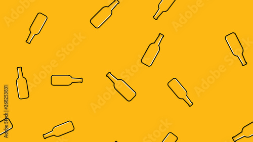 Seamless pattern of yellow repeating alcoholic beer glass bottles with a beer frothy hops malt craft lager on a yellow background. Vector illustration