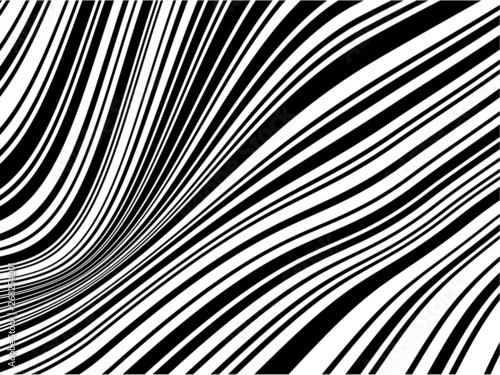Abstract, modern black and white bent stripes optical illusion warped texture background