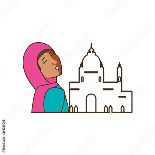 islamic little girl with mosque building