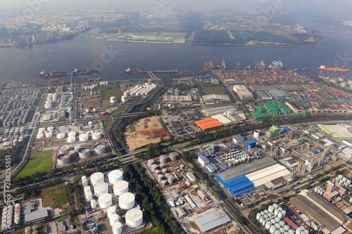Pasir Gudang, Johor Malaysia industrial area drone photo view.