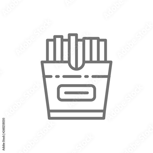 French fries in box, takeaway line icon.