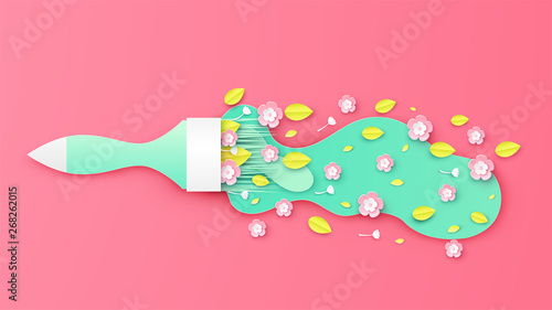 Illustration of bouquet in the form of paint brush for spring season. Graphic design for spring. paper cut and craft style. vector, illustration.