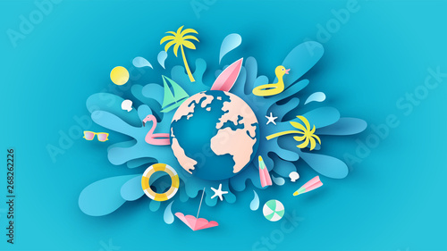 Globe dropped on the blue sea water surface and beach equipment splash around. Graphic design for summer. paper cut and craft style. vector, illustration.
