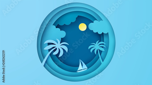 Abstract sea view with a floating sailing boat in the sea. Sea view in paper layer cut. paper cut and craft style. vector, illustration.
