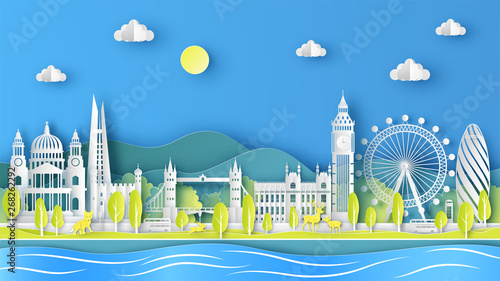 Nature landscape of London city, England in Spring season with the world famous architecture in London, England. paper cut and craft style. vector, illustration.