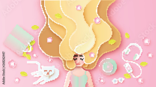 Beautiful girl, long hair relaxing on pink flower floor with her pastel color accessories set in spring. Graphic design for spring. paper cut and craft style. vector, illustration.