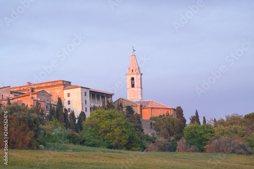 Pienza at sunset. Val d'Orcia landscape in spring. Hills of Tuscany. Val d'Orcia, Siena, Tuscany, Italy - May, 2019.