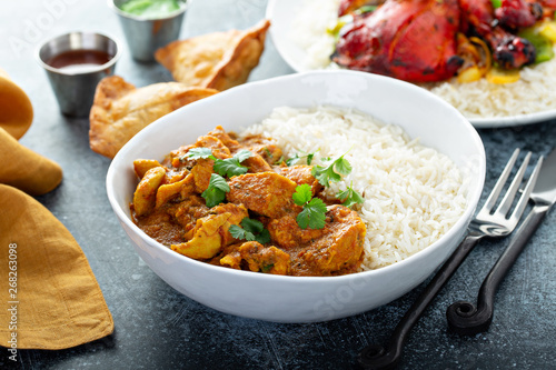 Chicken curry with jasmine rice, indian food concept