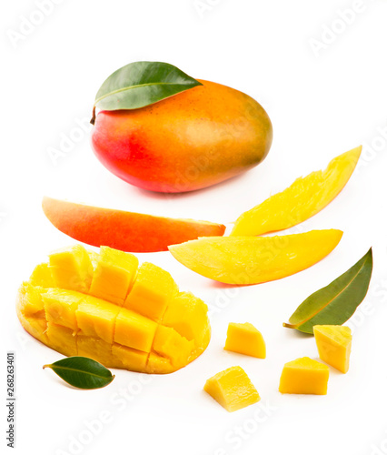 Mango fruit with mango cubes and slices