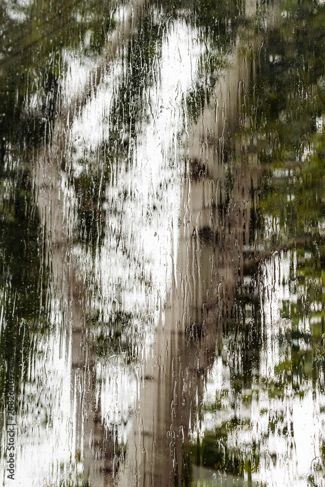 Obraz premium Pouring rain covering the window during a storm; blurred tree shape visible in the background; abstract background