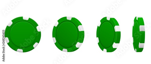 Set of green poker chips in different position isolated on white background. Vector illustration.
