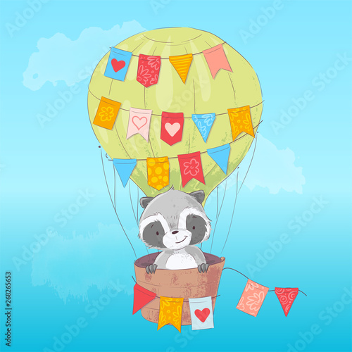 Fototapeta Naklejka Na Ścianę i Meble -  Poster cute raccoon flying in a balloon. Cartoon style. Vector