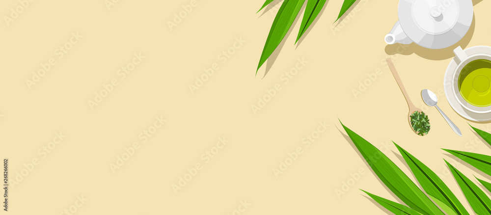 Panoramic banner background with copy space. Pandan leaves and set of  herbal tea. Top view flat lay design vector illustration. Stock Vector |  Adobe Stock