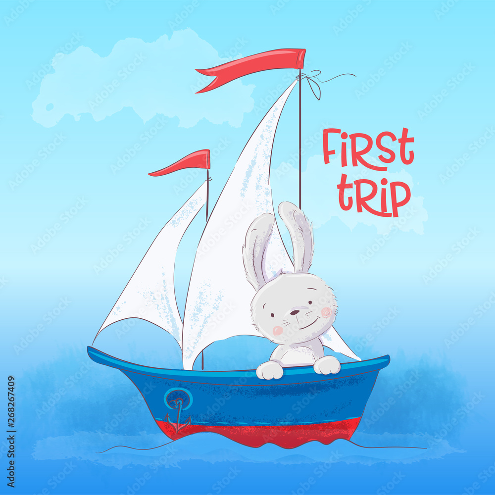 Obraz Poster cute little hare floats on a boat. Cartoon style. Vector