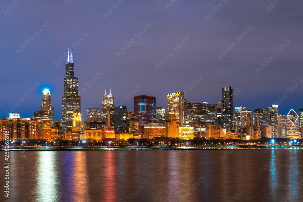 Chicago Cityscape river side along Lake Michigan at beautiful twilight time, Illinois, United States, Business Architecture and building with tourist concept