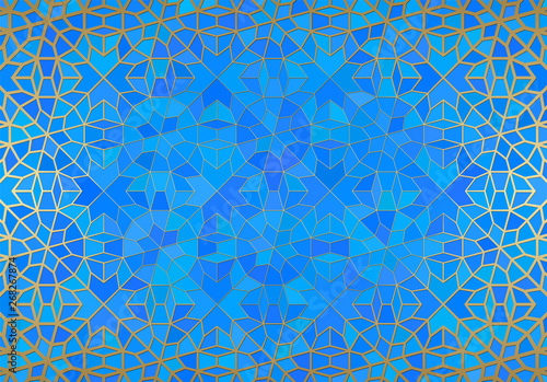 Abstract background with islamic ornament, arabic geometric texture. Golden lined tiled motif.