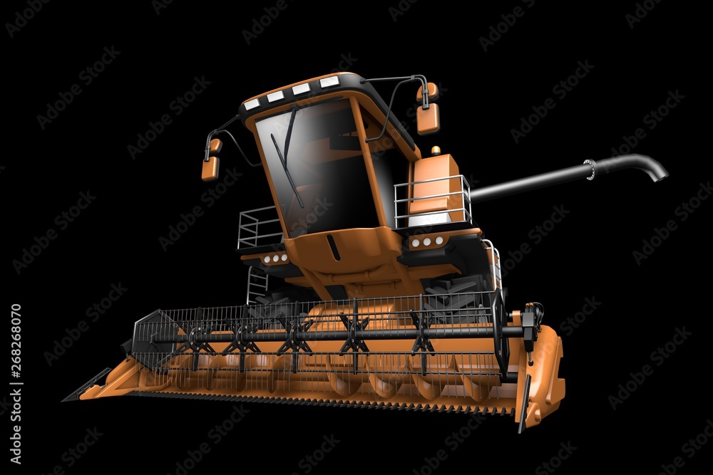 industrial 3D illustration of huge beautiful orange rural agricultural combine harvester with grain pipe detached front view isolated on black