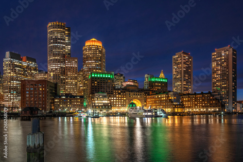 Scene of Boston skyline from Fan Pier at the fantastic twilight time with smooth water river, Massachusetts, USA downtown skyline, Architecture and building with tourist concept © THANANIT