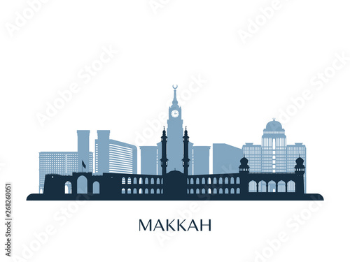 Makkah skyline, monochrome silhouette. Vector illustration.