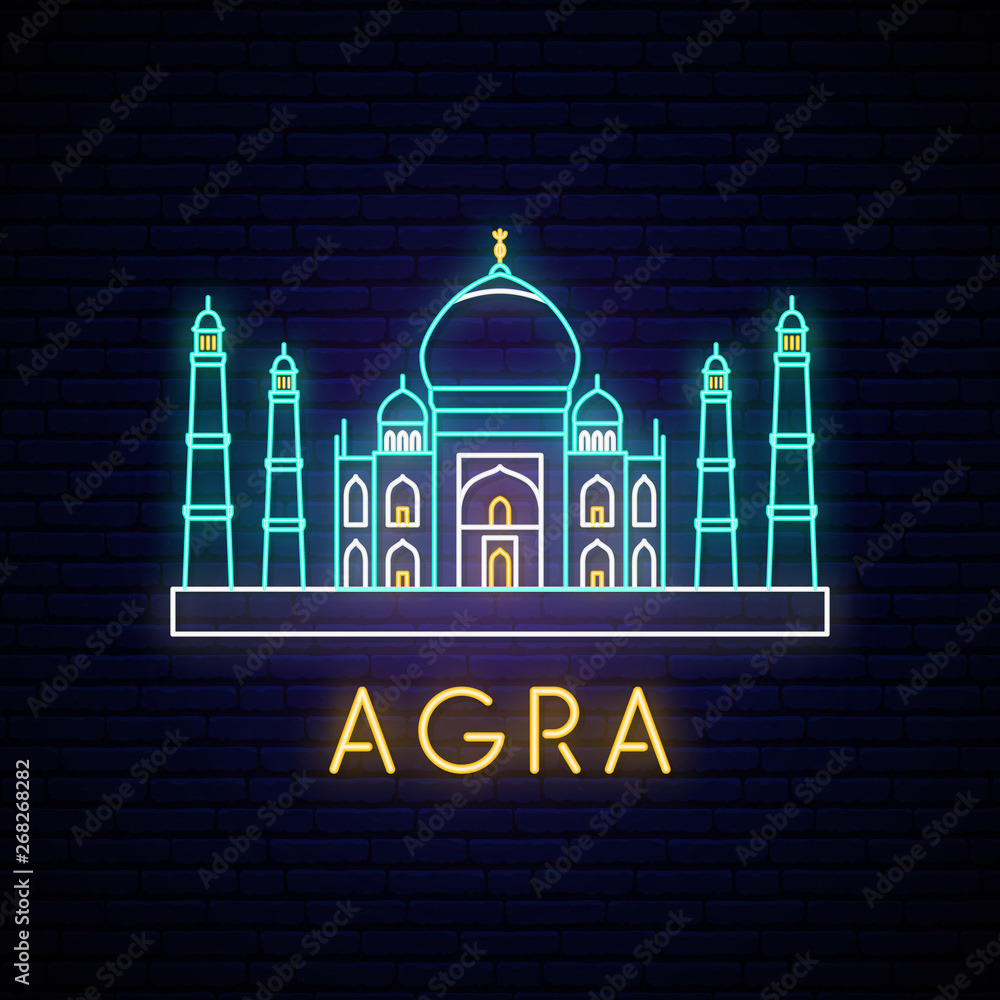 Taj Mahal neon sign. Bright vector illustration of Indian landmark .