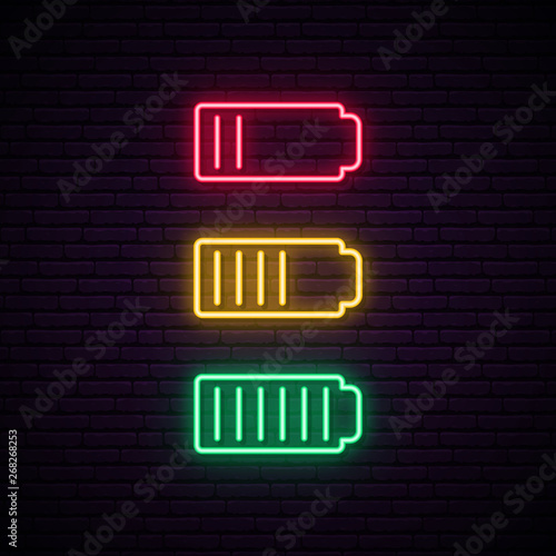 Set of battery neon icon. Charger glowing sign. Vector symbol of low and full battery.