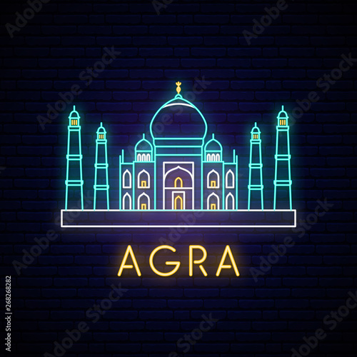 Taj Mahal neon sign. Bright vector illustration of Indian landmark .