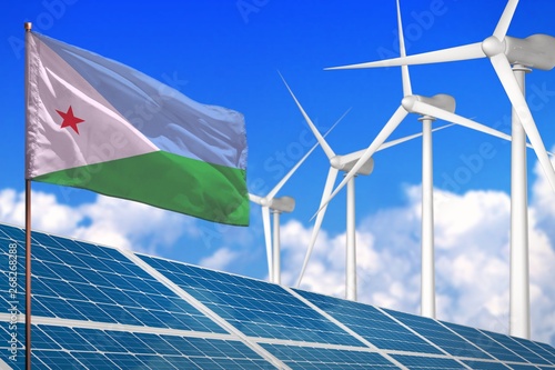 Djibouti solar and wind energy, renewable energy concept with solar panels - renewable energy against global warming - industrial illustration, 3D illustration