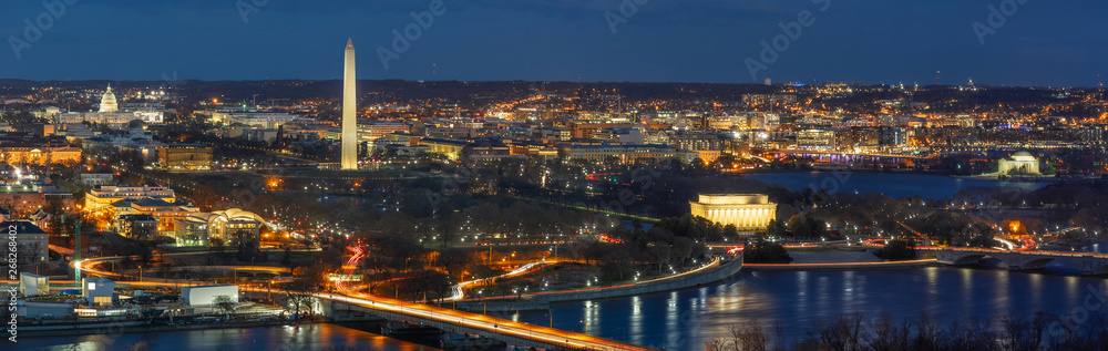 Panorama Top view scene of Washington DC down town which can see United states Capitol, washington monument, lincoln memorial and thomas jefferson memorial, history and culture for travel concept