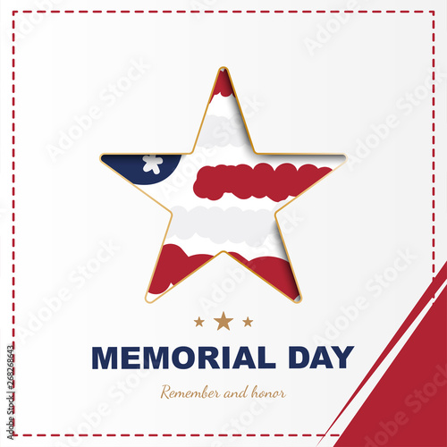 Happy memorial day. Square banner with a big star with a shadow, on the background of the USA flag. National American holiday event. Flat Vector illustration EPS10