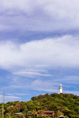 View of Cape Byron Lighthouse, Byron Bay, with lots of sky above. © trappy76