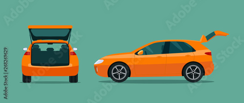 Сar with open boot. Side and back view. Vector flat style illustration