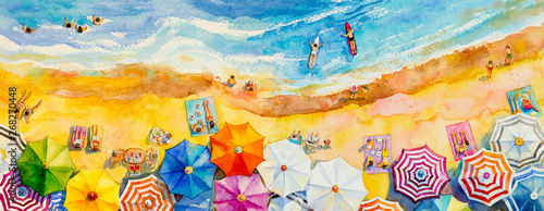 Painting watercolor seascape Top view colorful of lovers, family.