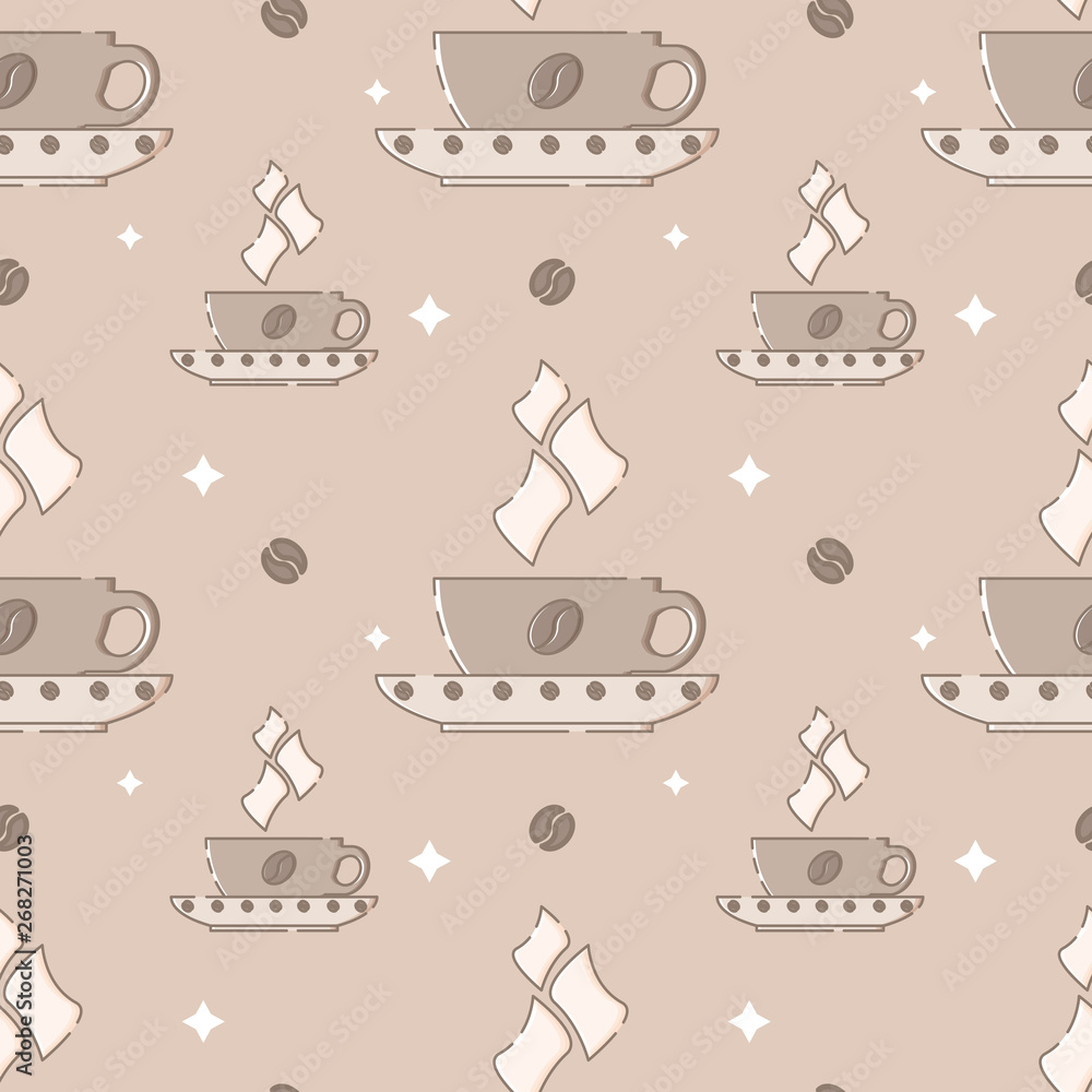 Seamless pattern with coffee mugs in flat linear style.