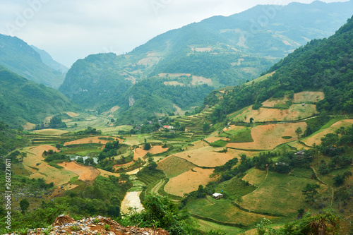 Rice fields at the Mountain of north Vietnam. Beautiful landscape view on the Ha Giang loop . Motorbike trip