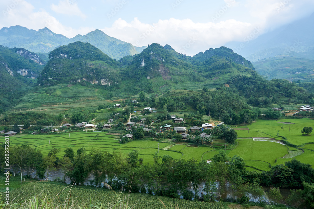 Rice fields at the Mountain of north Vietnam. Beautiful landscape view on the Ha Giang loop . Motorbike trip