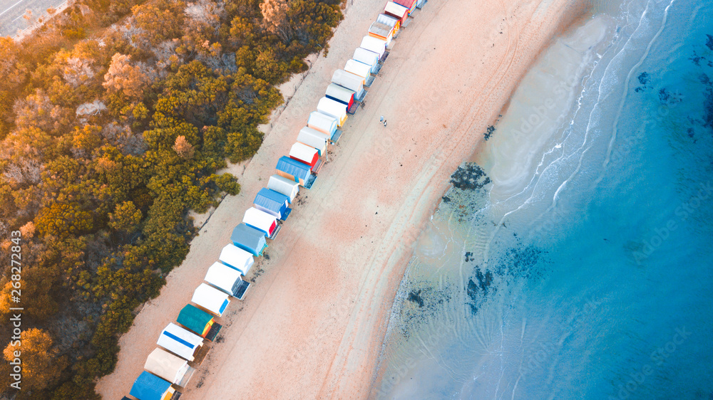 Aerial View of Iconic Bathing Boxes at Brighton Beach, Melbourne Australia