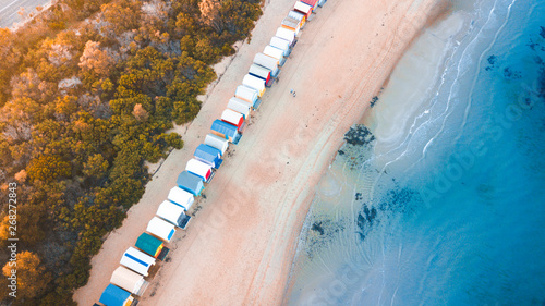 Obraz na płótnie Aerial View of Iconic Bathing Boxes at Brighton Beach, Melbourne Australia w salonie