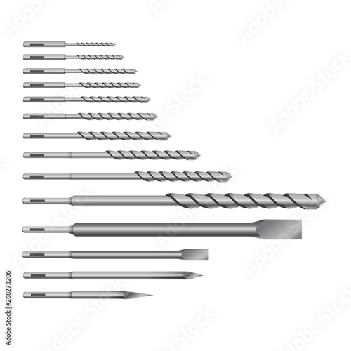 Realistic 3d Detailed Metallic Drill for rock-drill or perforator Bits Set Tools for Construction Work, Drilling Hole.
