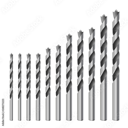 Realistic 3d Detailed Metallic Drill for wood Bits Set Tools for Construction Work, Drilling Hole.
