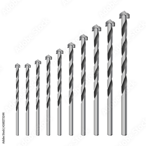 Realistic 3d Detailed Metallic Drill for concrete for perforator Bits Set Tools for Construction Work, Drilling Hole.