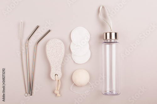 Zero waste and plastic free products on grey background.