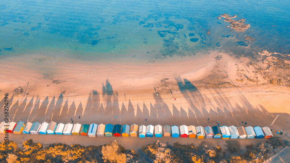 Naklejka premium Aerial View of Iconic Bathing Boxes at Brighton Beach, Melbourne Australia