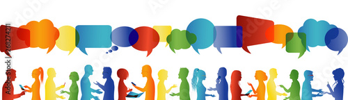 Communication between large group of people who talk. Crowd talking. Communicate social networking. Dialogue between people. Rainbow colors profile silhouette. Speech bubble