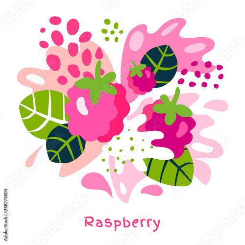 Fresh raspberries berry berries fruits juice splash organic food juicy splatter on abstract background vector hand drawn illustrations