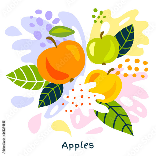 Fresh apple berry berries fruits juice splash organic food juicy apples splatter on abstract background vector hand drawn illustrations
