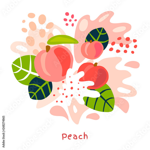 Fresh paech fruits juice splash organic food juicy splatter on abstract background vector hand drawn illustrations
