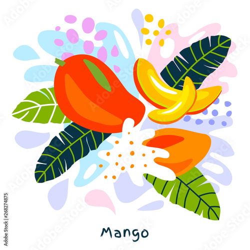 Fresh mango tropical exotic citrus fruits juice splash organic food juicy splatter on abstract background vector hand drawn illustrations