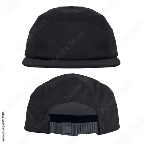 Black plain snapback 5 panel isolated on white background. ready for your mock up design or presentation your project. 
