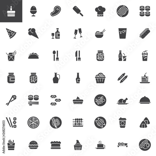 Restaurant food vector icons set, modern solid symbol collection, filled style pictogram pack. Signs, logo illustration. Set includes icons as sushi rolls, pizza, take away coffee, english breakfast